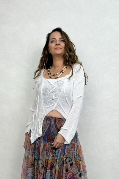 Pera Dikiş Detaylı Merserize Bluz - Beyaz