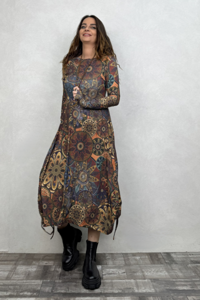 Layla Kayık Yaka Bohem Kışlık Elbise - Kahve Mandala