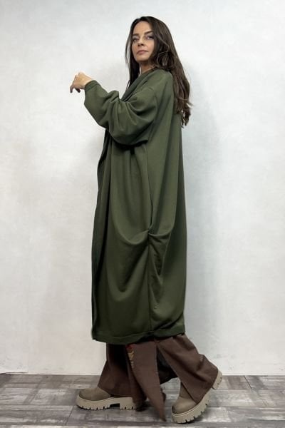Kapşonlu Salaş Kaftan - Haki