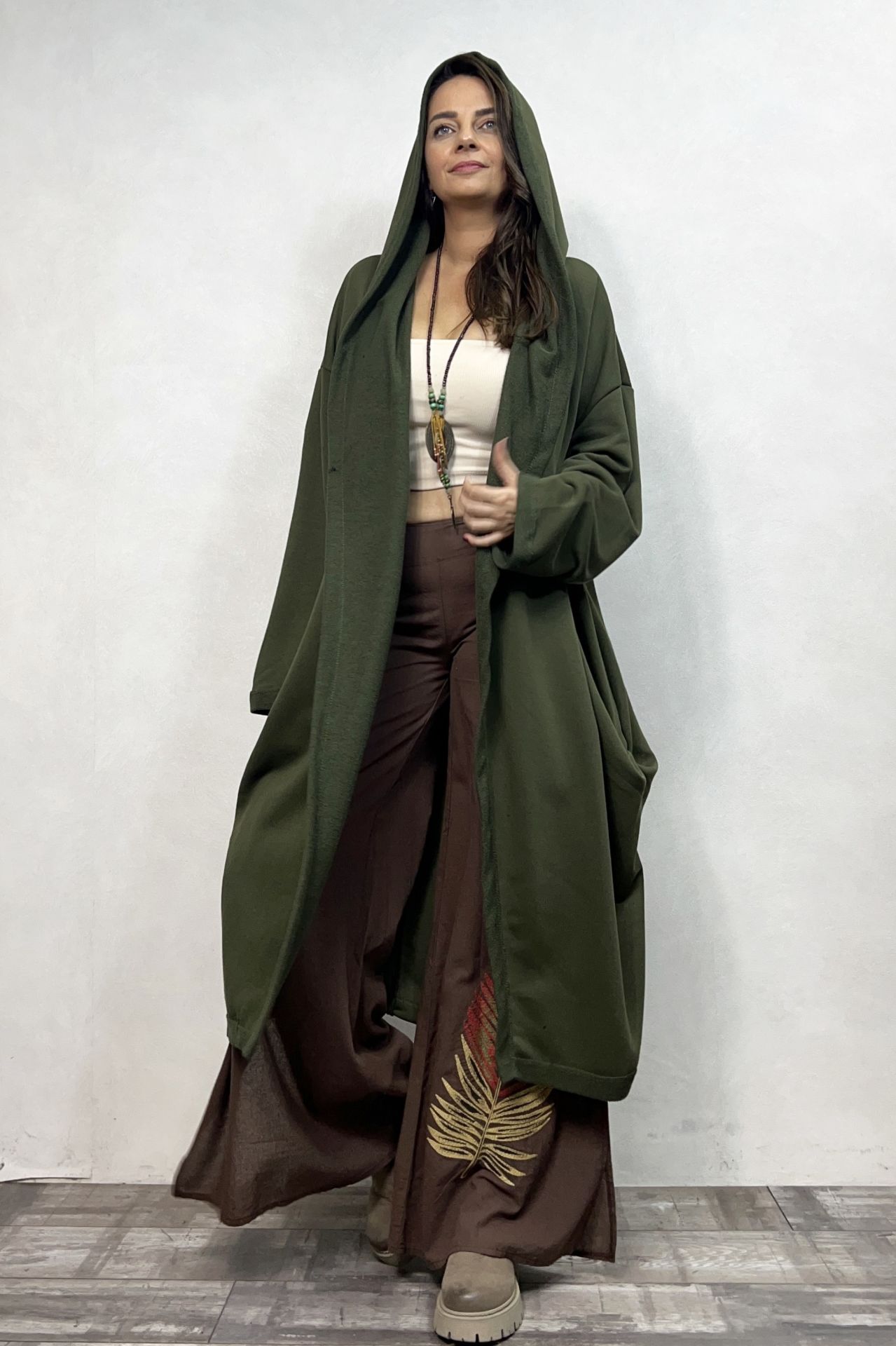 Kapşonlu Salaş Kaftan - Haki