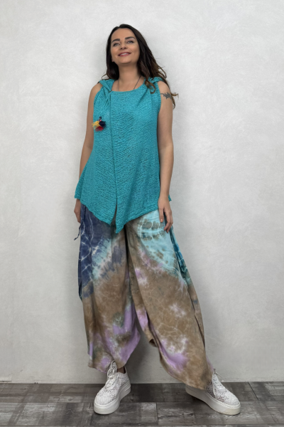 Yırtmaçlı Batik Pantolon - Mavi Lila
