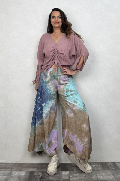 Yırtmaçlı Batik Pantolon - Mavi Lila