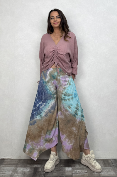 Yırtmaçlı Batik Pantolon - Mavi Lila