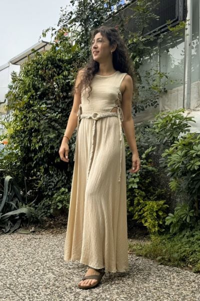 Olivia Nature Müslin Elbise -Bej