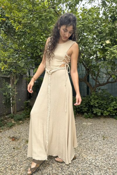 Olivia Nature Müslin Elbise -Bej