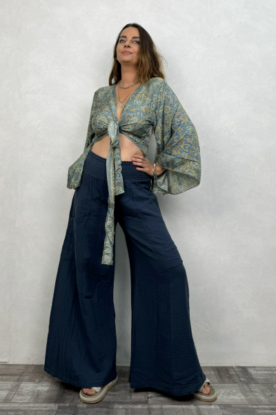 Kimono Kol İpek Bolero Bluz - Yeşil Sarı