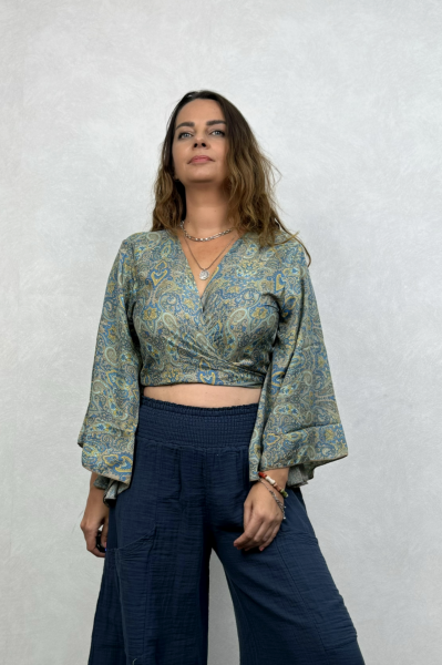 Kimono Kol İpek Bolero Bluz - Yeşil Sarı