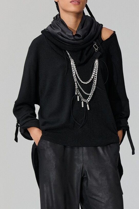 Lamante Deri ve Zincir Kolye -  Siyah Silver