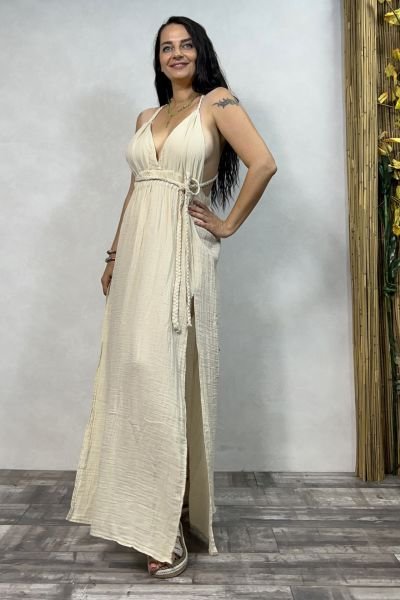 Leda Müslin Elbise Beige - Bej