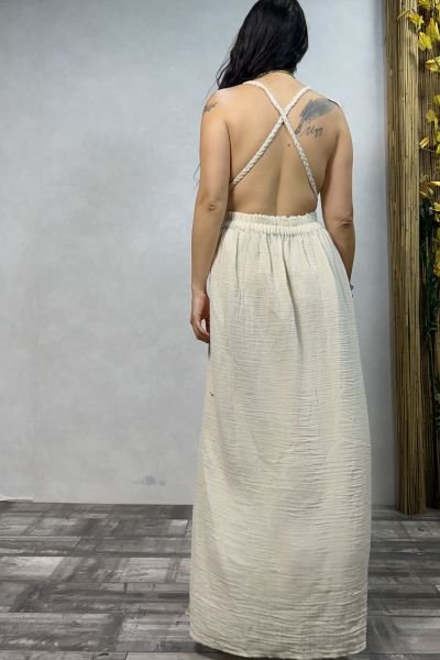 Leda Müslin Elbise Beige - Bej