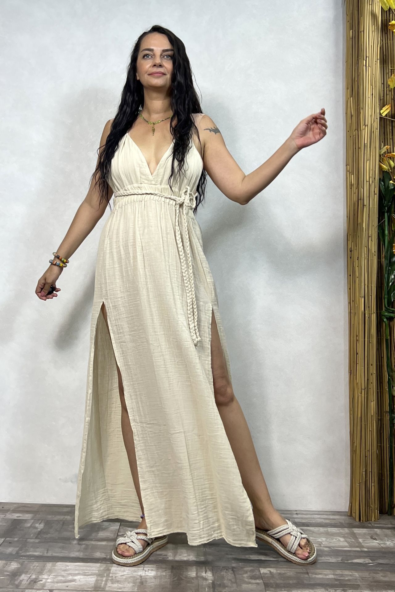 Leda Müslin Elbise Beige - Bej
