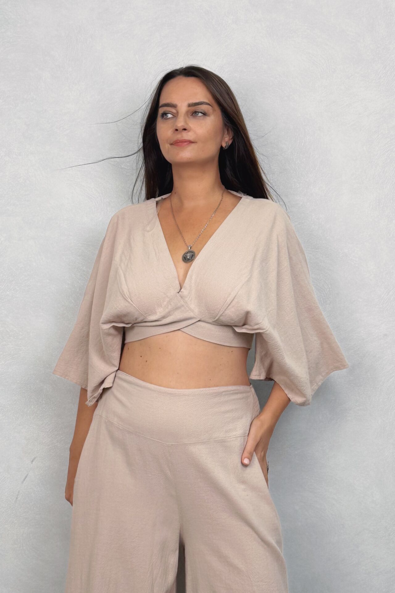 Aris Nature Müslin Crop Bluz Stone - Taş Rengi