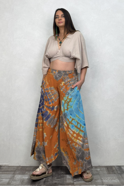 Yırtmaçlı Batik Pantolon - Turuncu