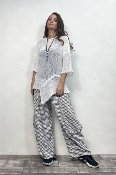 Paça Detaylı Gofre Pantolon - Beyaz Kareli