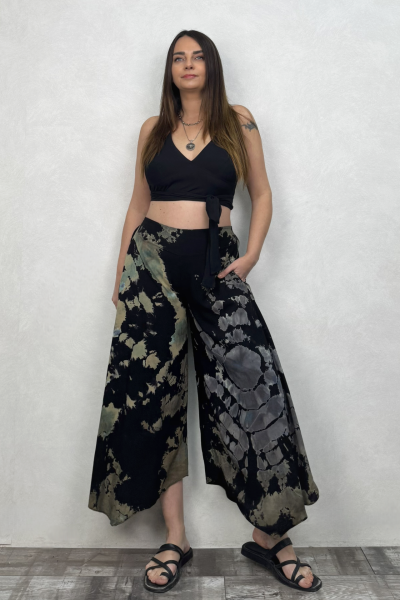 Yırtmaçlı Batik Pantolon - Siyah Gri