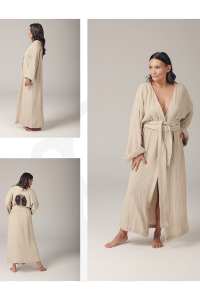 Hamse Uzun Kaftan Elbise - Bej