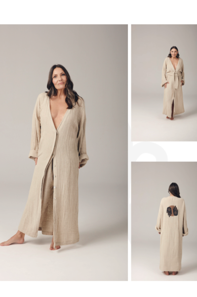 Hamse Uzun Kaftan Elbise - Bej