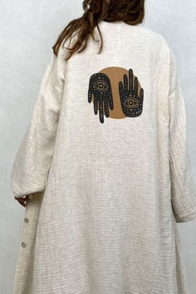 Hamse Uzun Kaftan Elbise - Bej