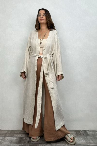 Hamse Uzun Kaftan Elbise - Bej