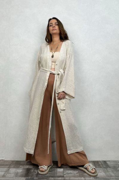 Hamse Uzun Kaftan Elbise - Bej