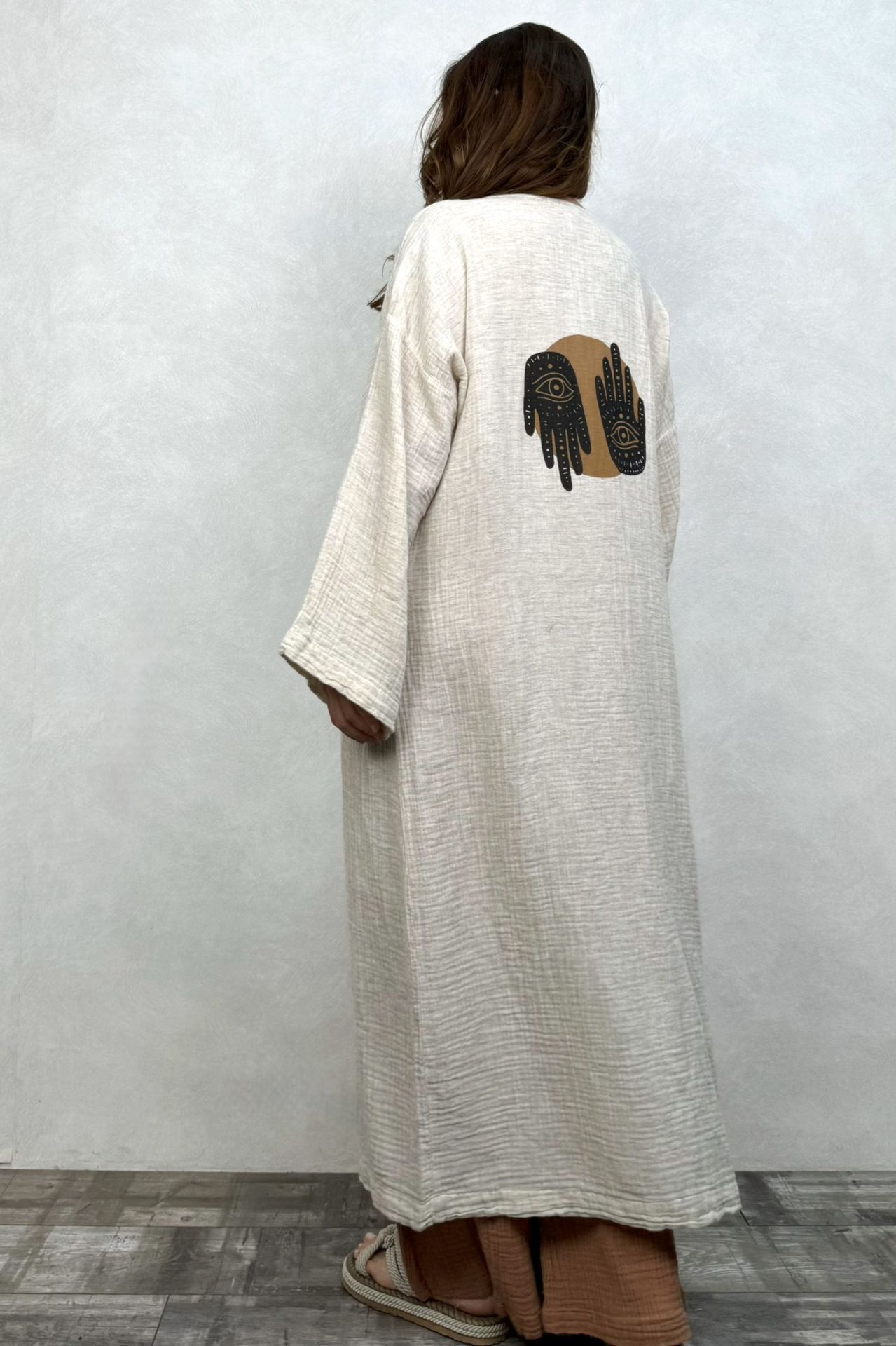 Hamse Uzun Kaftan Elbise - Bej