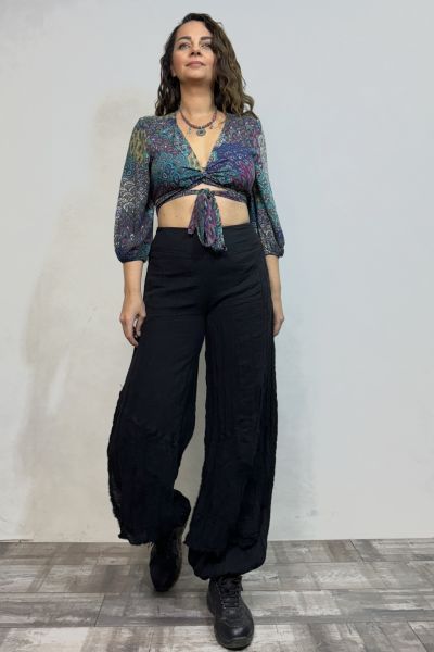 Donna Crop Bluz - Turkuaz Desenli