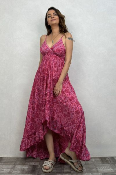 Romance Önü Kısa Asimetrik İpek Elbise - Pembe