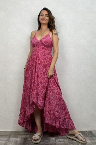 Romance Önü Kısa Asimetrik İpek Elbise - Pembe