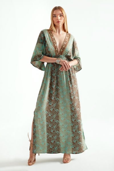 Rachel V Yaka İpek Elbise - Mint