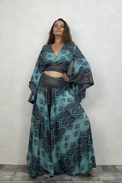Kimono Kol İpek Bolero Bluz - Mavi Kronos