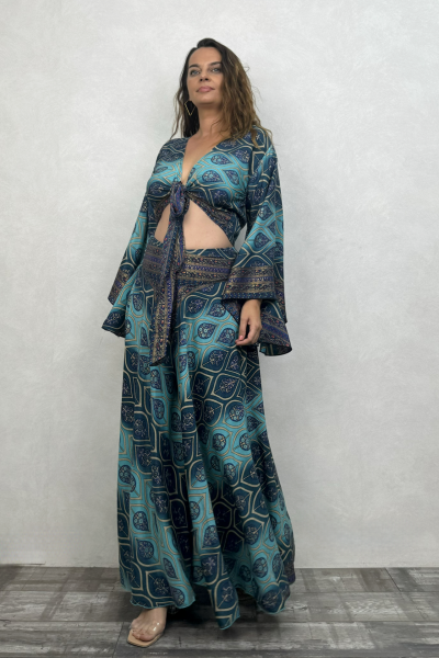 Kimono Kol İpek Bolero Bluz - Mavi Kronos