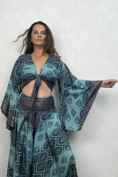 Kimono Kol İpek Bolero Bluz - Mavi Kronos