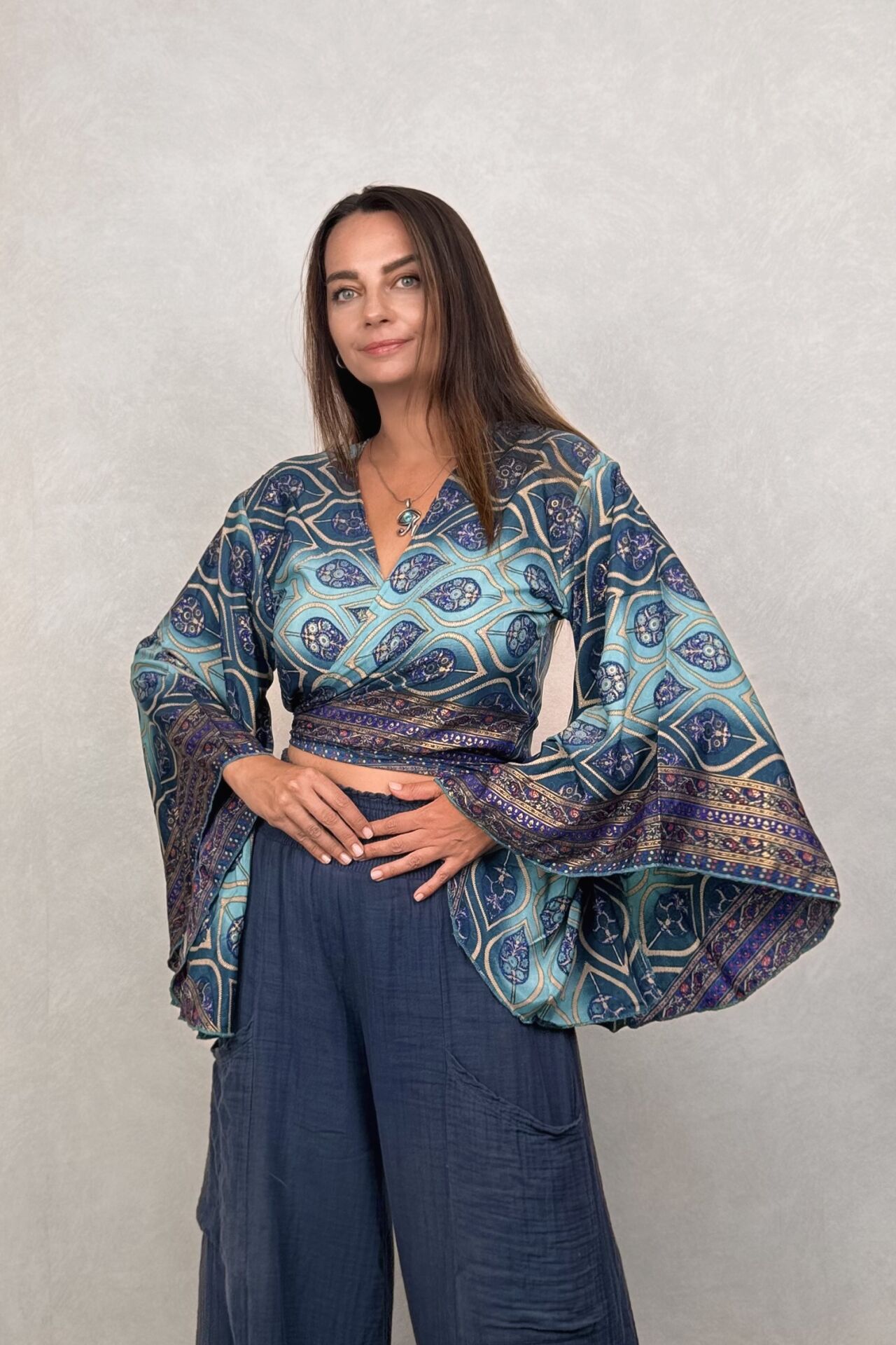 Kimono Kol İpek Bolero Bluz - Mavi Kronos