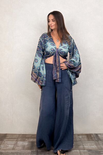 Kimono Kol İpek Bolero Bluz - Mavi Kronos