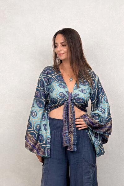 Kimono Kol İpek Bolero Bluz - Mavi Kronos