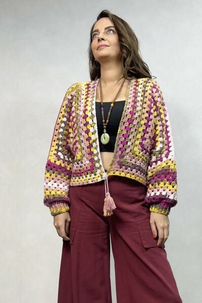 Batik El Örgüsü Hırka - Pembe Sarı