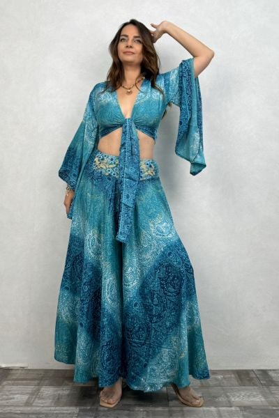 Palermo Kimono Kol İpek Takım - Turkuaz