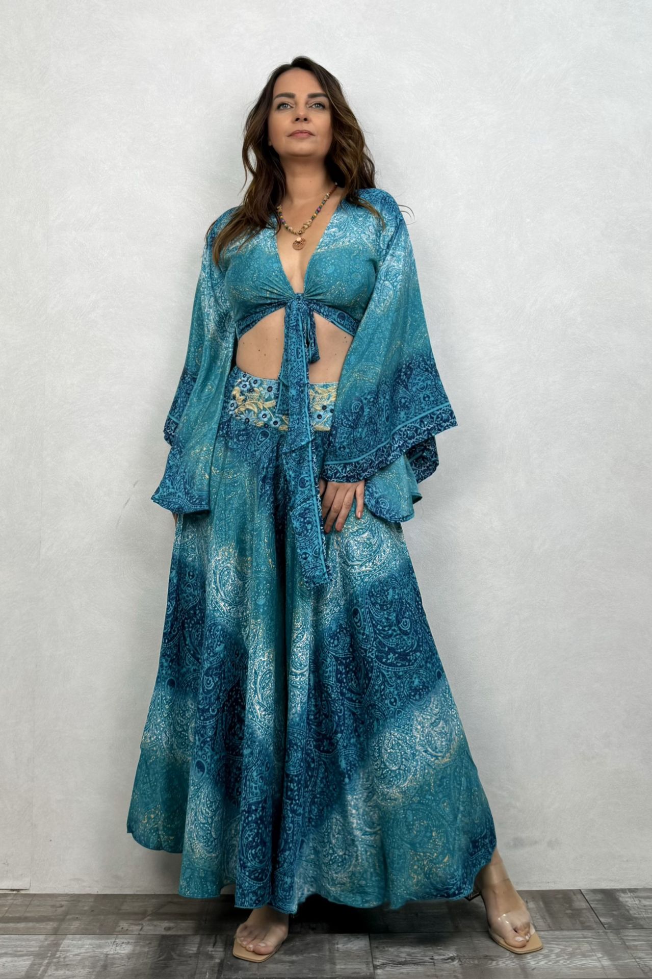 Palermo Kimono Kol İpek Takım - Turkuaz