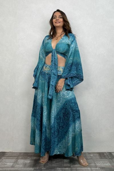 Palermo Kimono Kol İpek Takım - Turkuaz