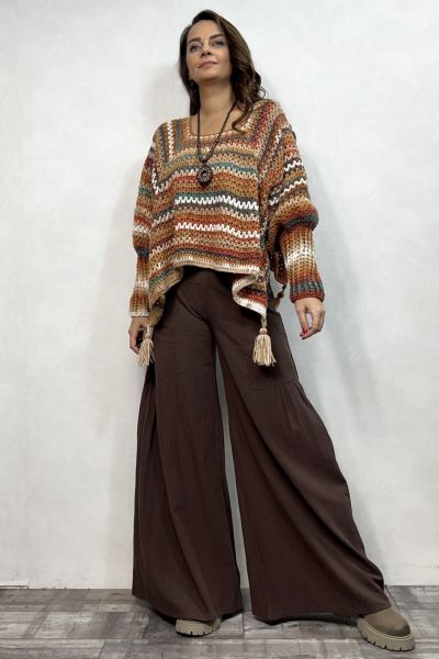 Uzun Kollu Tasarım Panço Hırka - Kahve Batik