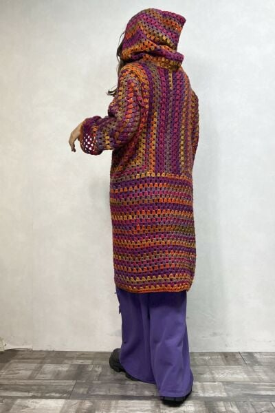 Uzun Kollu Tasarım Düğmeli Batik Hırka - Mor Batik
