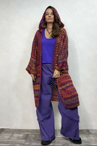 Uzun Kollu Tasarım Düğmeli Batik Hırka - Mor Batik