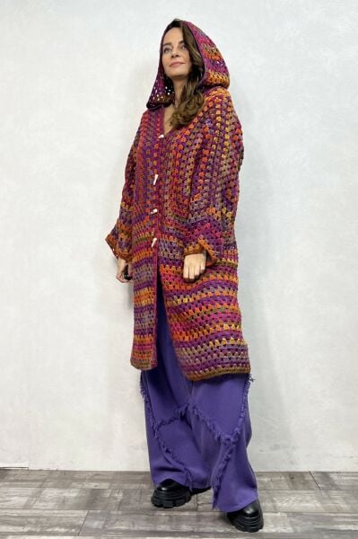 Uzun Kollu Tasarım Düğmeli Batik Hırka - Mor Batik