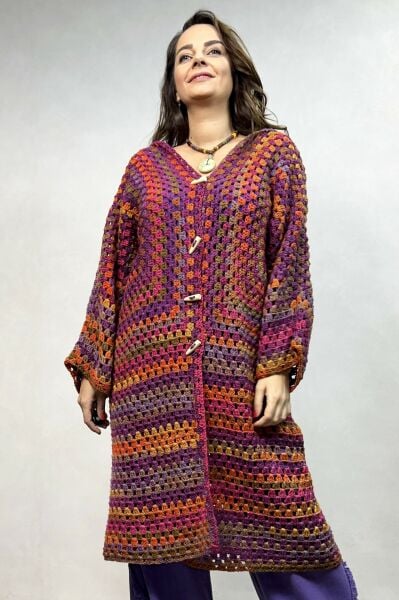 Uzun Kollu Tasarım Düğmeli Batik Hırka - Mor Batik