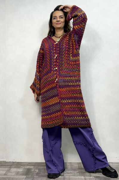 Uzun Kollu Tasarım Düğmeli Batik Hırka - Mor Batik