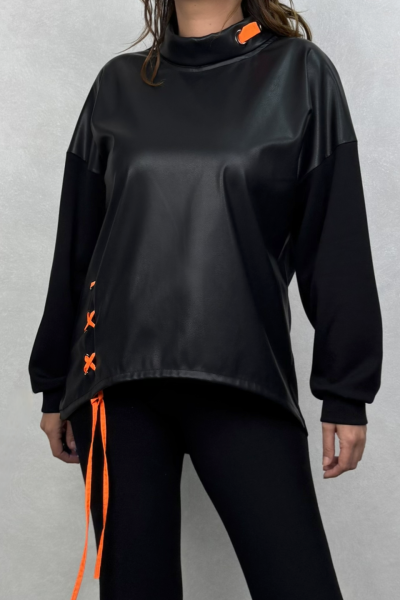 Lamante Orange Deri Detaylı Sweatshirt - Siyah