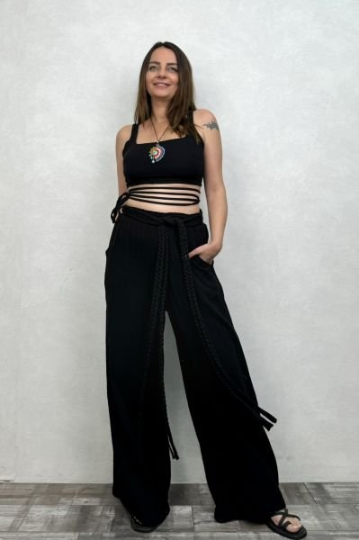 Bess Müslin Dolamalı Crop - Siyah