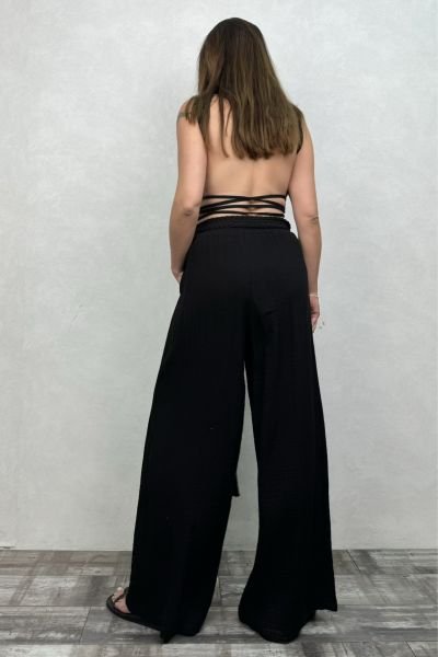 Bess Müslin Dolamalı Crop - Siyah