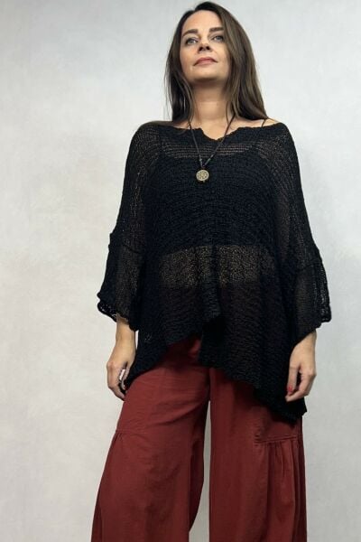 Kayık Yaka Merserize Bluz - Siyah