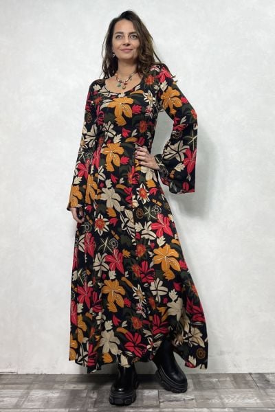 Belden Bağlamalı İspanyol Elbise - Güz Yaprakları